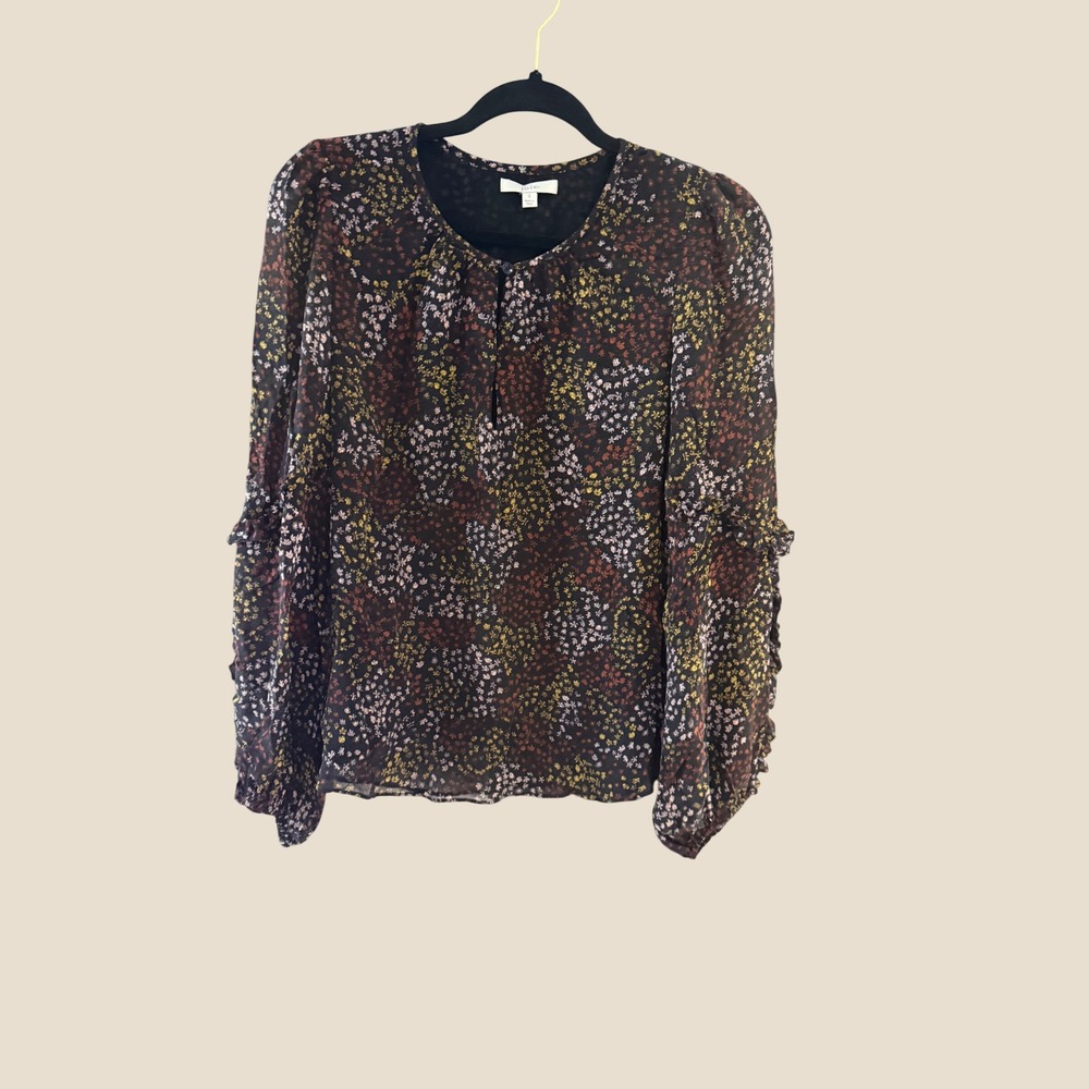 Joie Womens Preppy Coquette Silk Floral Long Sleeve Ruffle Blouse Black Size S